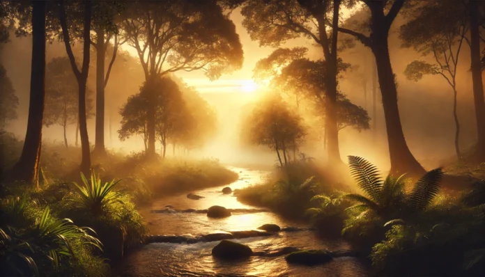 A serene nature landscape at sunrise with a misty forest and a gentle stream flowing through. The golden sunlight filters through the trees, creating a tranquil atmosphere that symbolizes inner peace and mental clarity.