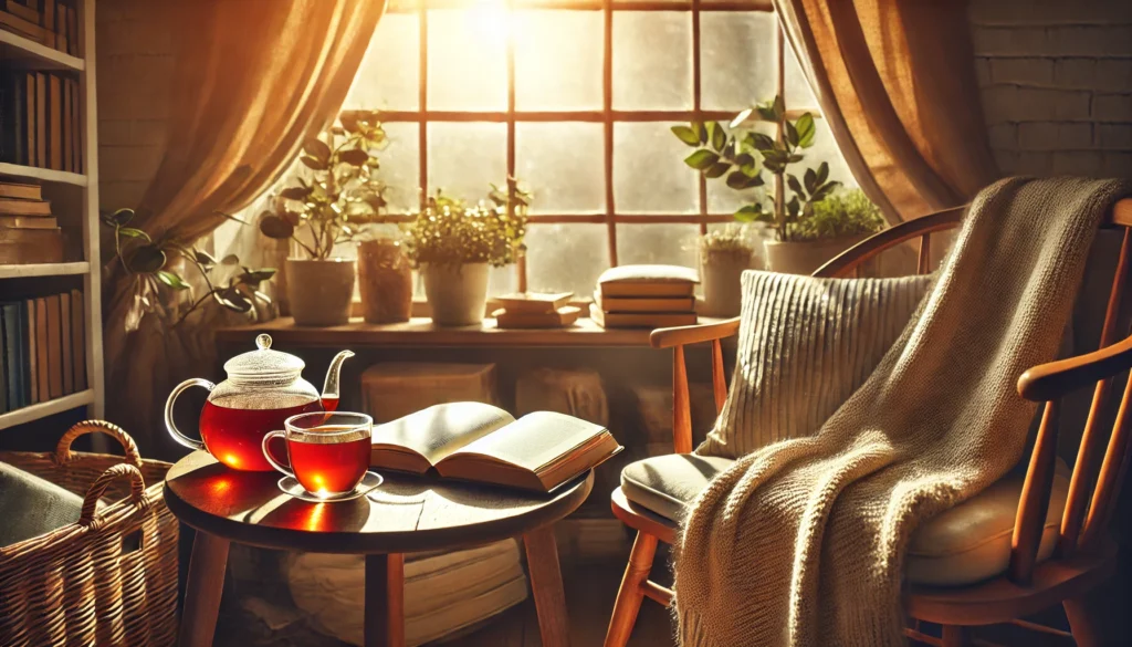 A cozy indoor reading nook bathed in warm sunlight. A comfortable chair with a soft blanket, an open book, and a cup of tea on a wooden table evoke feelings of relaxation, self-care, and mental wellness.