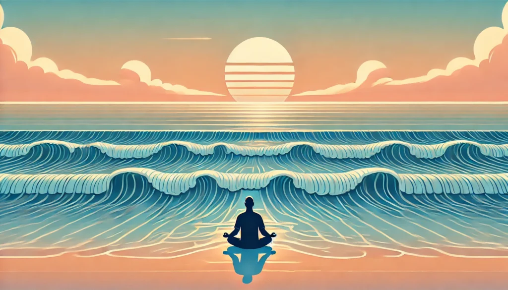 A peaceful ocean scene at sunset with gentle waves rolling onto the shore. A lone figure sits meditating on the beach, surrounded by pastel-colored skies, representing mindfulness, tranquility, and emotional balance.