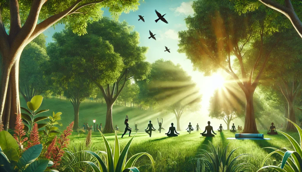 A lush green park where people practice yoga in the morning sunlight. Birds fly in the clear sky, and trees sway in the gentle breeze, creating an uplifting atmosphere of wellness, mindfulness, and holistic mental health.