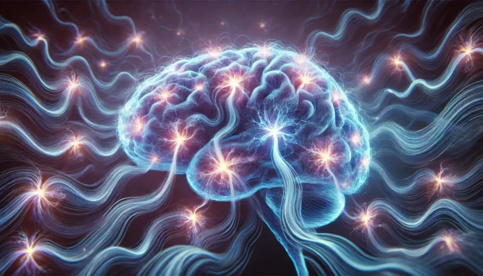 An abstract visualization of illuminated brain synapses firing in rhythmic patterns, showcasing neural connectivity and activity during deep sleep.