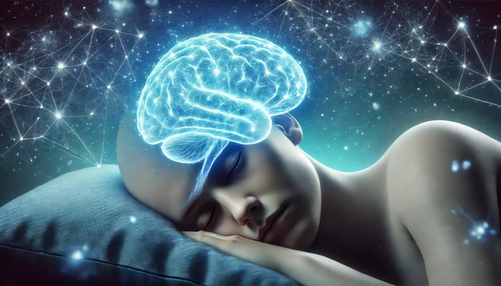 A side profile of a sleeping individual with a glowing neural network extending from their brain, symbolizing cognitive function, memory formation, and subconscious processing.