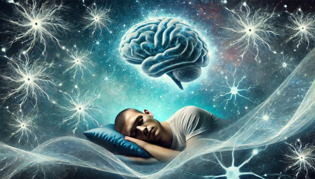 A surreal scene of a sleeping person with a glowing brain, surrounded by swirling neural pathways and a cosmic sky, symbolizing cognitive restoration during sleep.