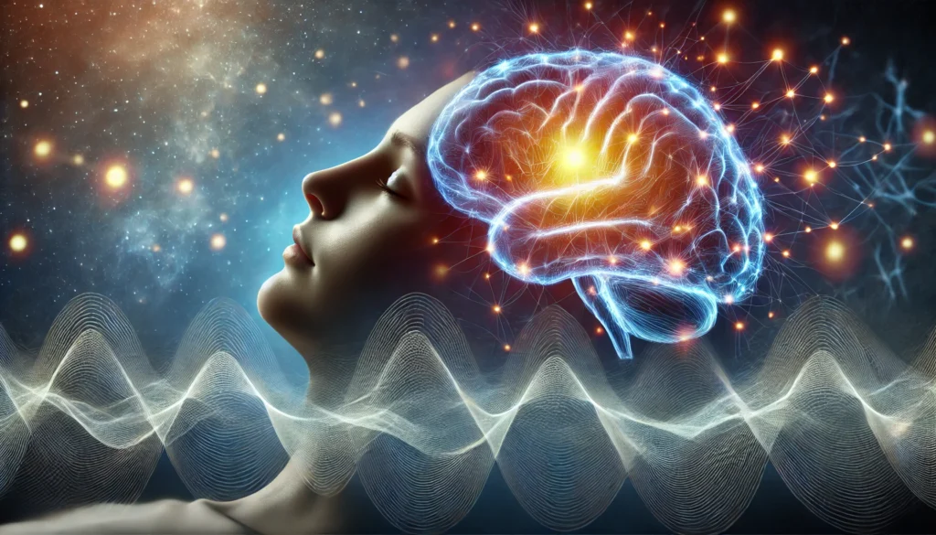 An artistic depiction of a human brain in deep sleep, with glowing neural connections and waves of light pulsing outward, representing the neuroscience of sleep and cognitive function.