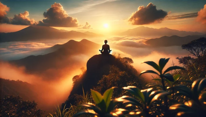 A serene nature scene at sunrise, where a person meditates atop a mist-covered mountain peak. The warm sunlight bathes the landscape in a golden glow, symbolizing mindfulness, mental clarity, and inner peace.