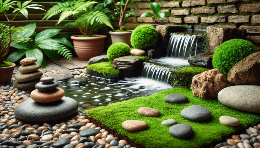 A tranquil Zen garden featuring a small waterfall, smooth stones, and lush greenery. The peaceful ambiance reflects the benefits of mindfulness, relaxation, and being present in the moment.