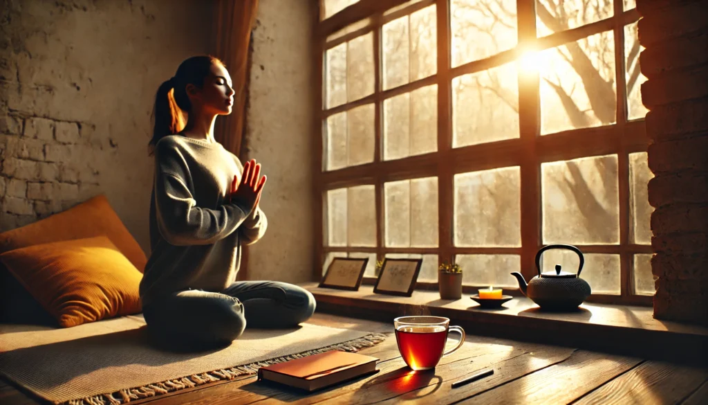A cozy indoor space with a person practicing mindful breathing near a large window. Sunlight filters in, illuminating a cup of tea and a journal nearby, evoking themes of self-care, relaxation, and mental well-being.