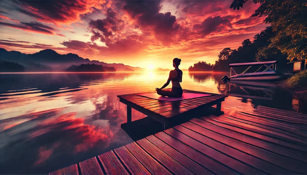 A peaceful lakeside at sunset, where a person practices yoga on a wooden dock. The calm water mirrors the vibrant sky, symbolizing balance, mindfulness, and inner tranquility.