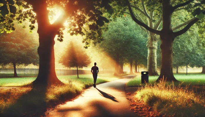 A person walking along a tree-lined path in a peaceful park, surrounded by lush greenery with warm sunlight filtering through the leaves. The image represents the mental health benefits of walking in nature.