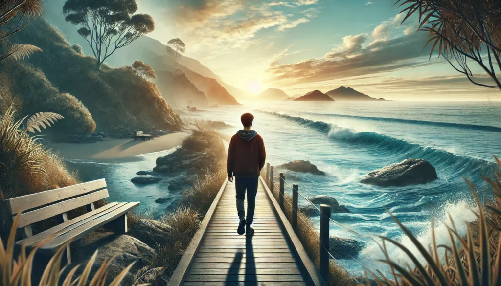 A serene coastal walkway with a person strolling by the sea as gentle ocean waves crash against the shore. The tranquil scene conveys the therapeutic effects of walking near water for mental clarity and relaxation.