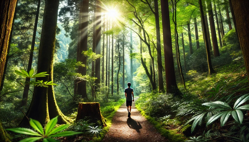 A person walking through a lush forest path, surrounded by towering trees and vibrant greenery. Sunlight filters through the branches, creating a calming ambiance that highlights the stress-reducing effects of walking in nature.