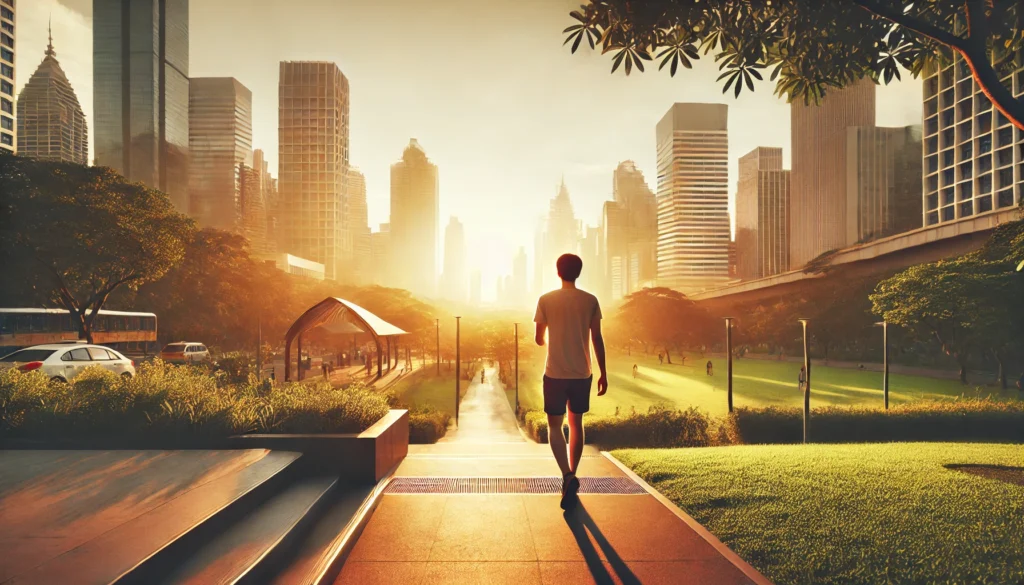 A person walking in an urban park with a city skyline in the background, bathed in the warm glow of the golden hour. The image illustrates how green spaces within cities promote relaxation and mental well-being.