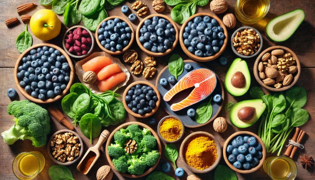 A top-down view of a wooden table filled with brain-healthy foods, including fresh blueberries, salmon, walnuts, dark leafy greens, avocados, and turmeric, arranged beautifully in natural lighting.