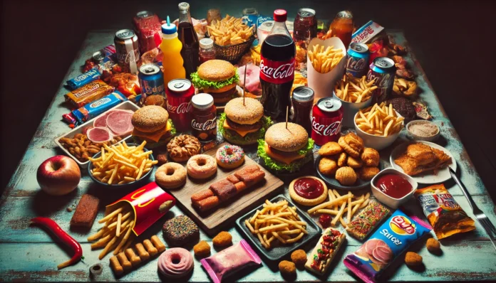 A cluttered table filled with unhealthy, processed foods such as burgers, fries, soda, processed meats, sugary pastries, and packaged snacks, dimly lit to emphasize the negative impact on brain health.