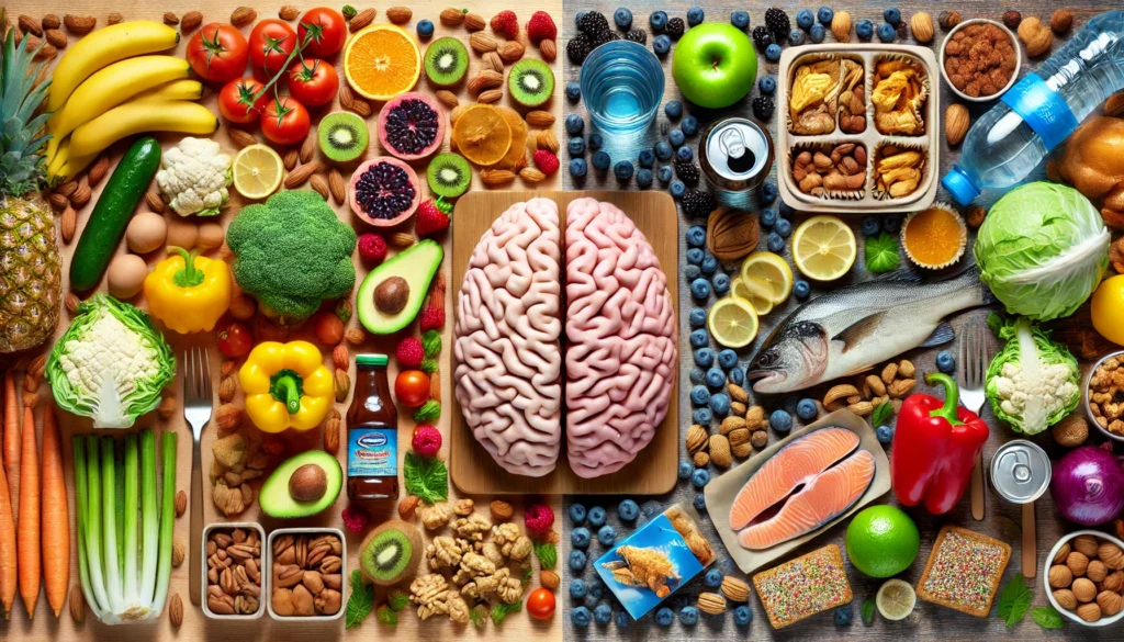 A side-by-side comparison of brain-boosting foods (fresh fruits, vegetables, nuts, and fish) and brain-harming foods (processed fast food, sugary drinks, and snacks), with bright lighting on the healthy side and dull lighting on the unhealthy side.