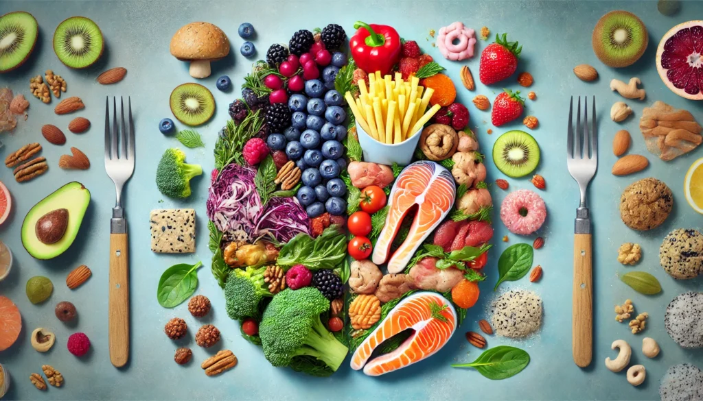 A creative visual of a human brain made entirely from food—one half consisting of healthy foods like blueberries, salmon, nuts, and leafy greens, while the other half is made up of junk food such as fries, soda, and processed meats, illustrating the impact of diet on brain health.