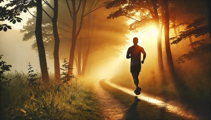 A serene outdoor running trail at sunrise, where a fit individual jogs through a misty forest. The tranquil atmosphere conveys mental clarity, focus, and the deep connection between exercise and mental well-being.