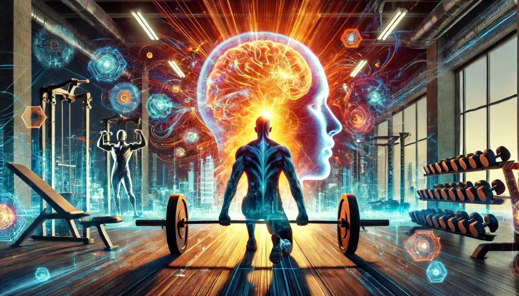 A modern gym scene featuring a person lifting weights, radiating motivation and mental resilience. The energetic setting illustrates the psychological benefits of strength training for confidence and mental strength.