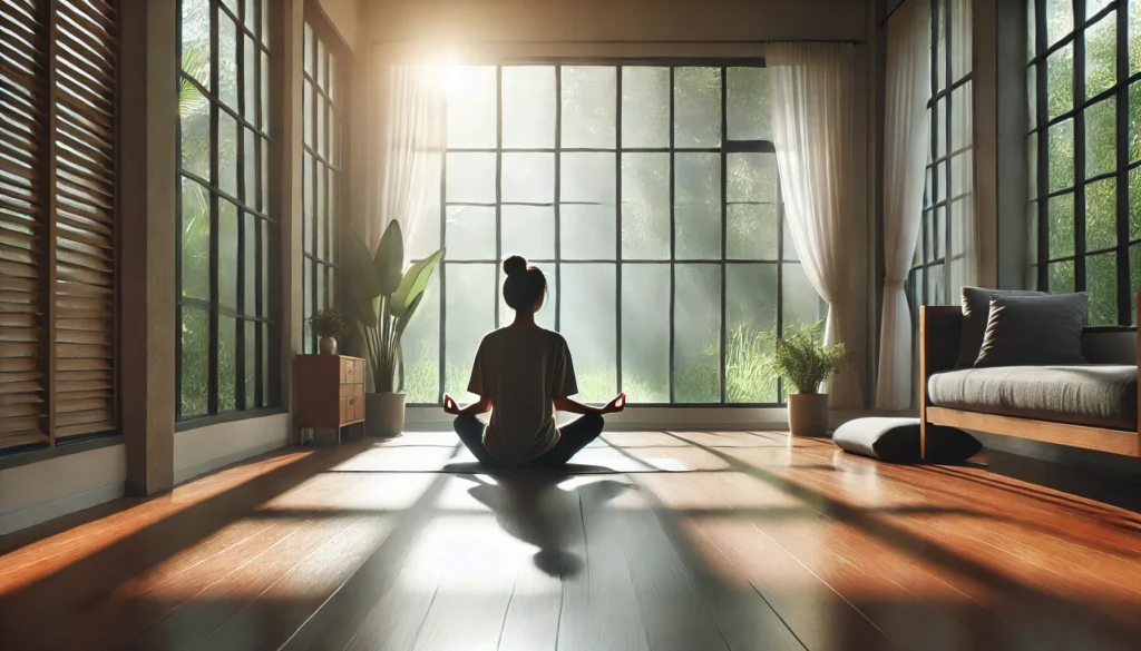 A peaceful yoga session in a minimalist studio, with an individual meditating in a cross-legged pose. Sunlight filters through large windows, emphasizing mindfulness, relaxation, and cognitive clarity gained from yoga.