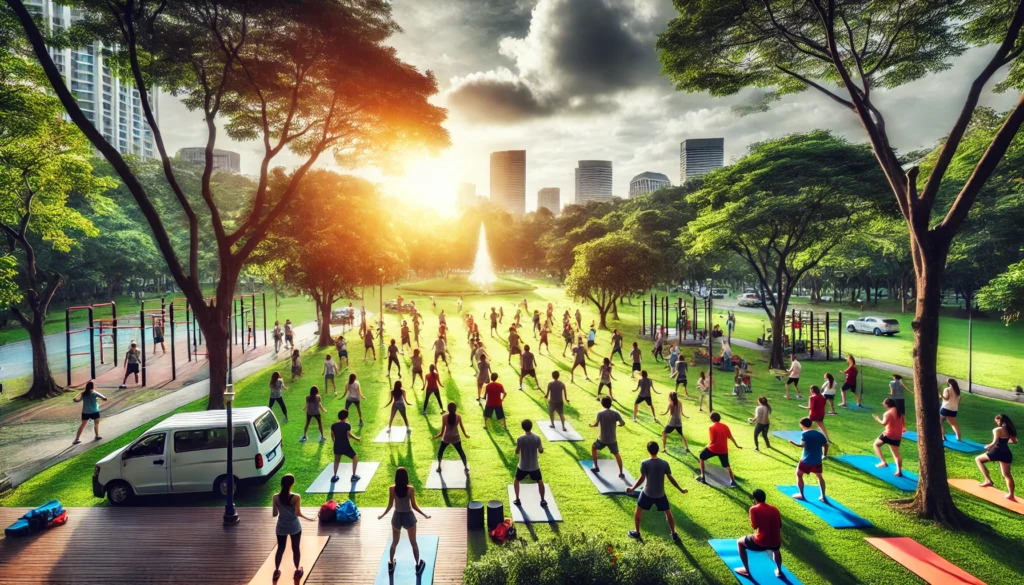 A vibrant outdoor fitness class in a lush park, with people engaging in exercises together. The scene is filled with energy, social connection, and joy, representing the impact of group workouts on mental health and emotional well-being.