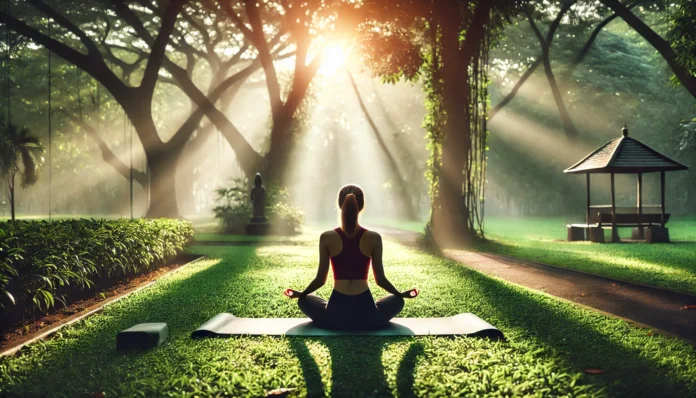 A serene morning yoga session in a lush green park, with a woman meditating on a yoga mat as soft sunlight filters through the trees, promoting relaxation and well-being.
