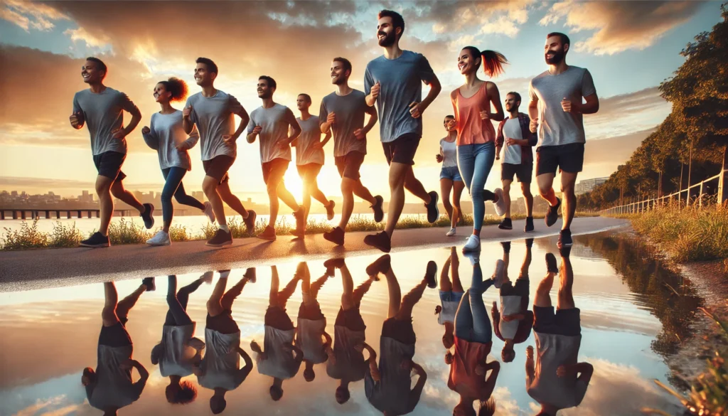 A diverse group of people jogging along a scenic waterfront path at sunrise, reflecting joy and energy, emphasizing the mental benefits of movement.