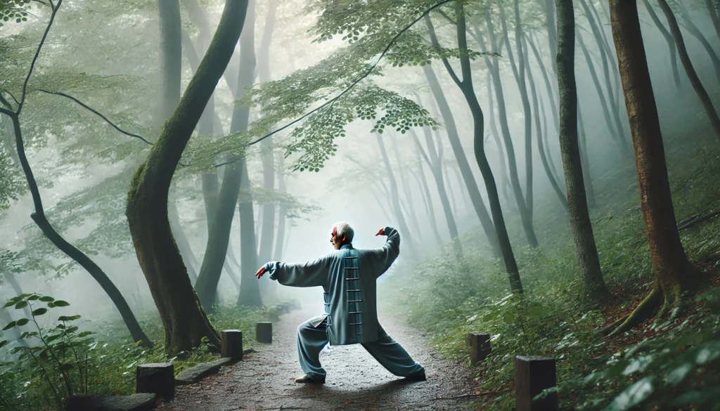 An elderly man practicing Tai Chi in a misty forest, moving gracefully in a peaceful setting, symbolizing mindfulness and mental clarity