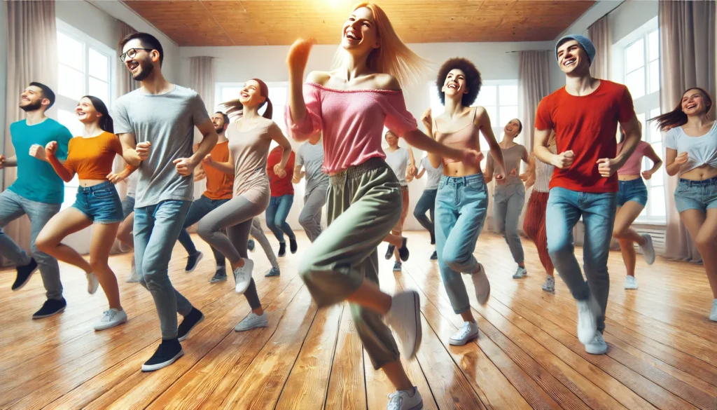A vibrant dance class in a spacious studio with people of various ages and backgrounds, radiating happiness and energy, showcasing the uplifting effects of movement.