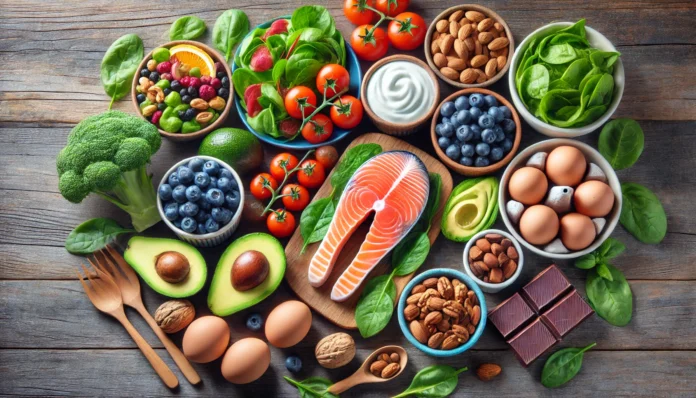 A vibrant assortment of nutrient-rich foods for mental health, including salmon, avocado, blueberries, nuts, leafy greens, dark chocolate, eggs, and yogurt, beautifully arranged on a wooden table.