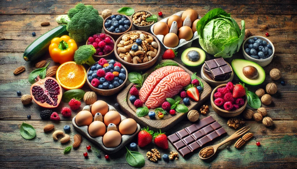 A rustic wooden table displaying a colorful selection of brain-boosting foods such as fresh berries, nuts, fatty fish, leafy greens, eggs, and dark chocolate, styled naturally and invitingly.