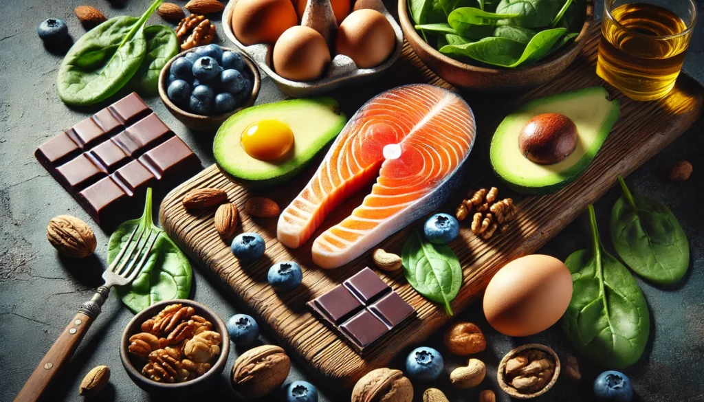 A close-up of a wooden cutting board showcasing an assortment of brain-healthy foods, including fresh salmon, sliced avocado, nuts, blueberries, eggs, spinach, and dark chocolate, with vibrant lighting.