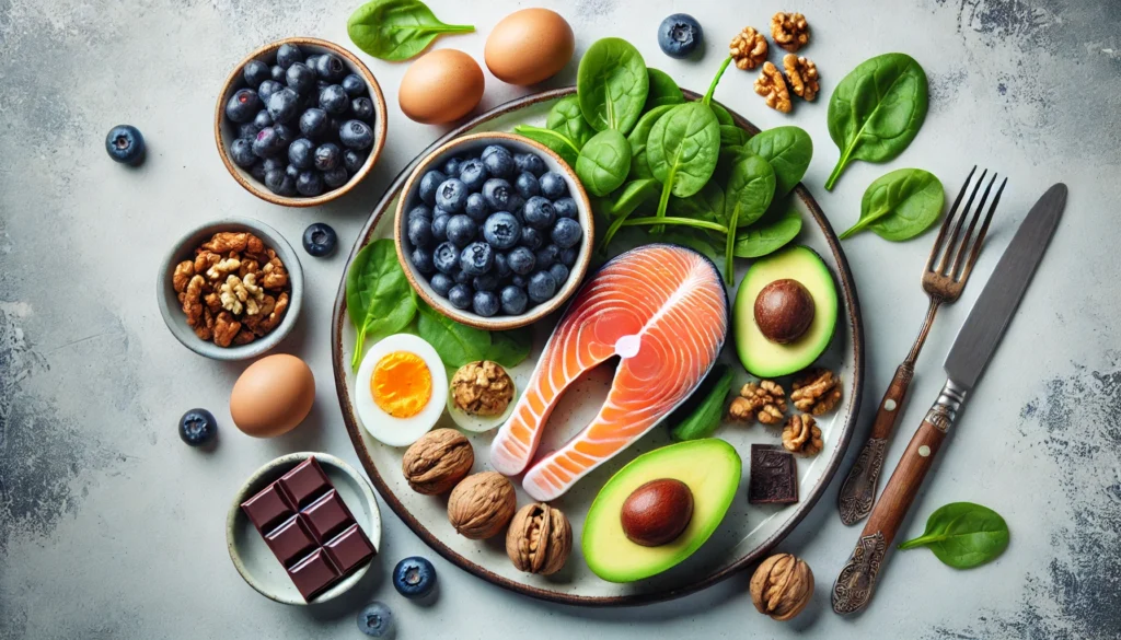 A beautifully plated meal featuring mental health-boosting foods like a bowl of fresh blueberries, sliced avocado, salmon fillet, walnuts, eggs, spinach, and dark chocolate, arranged to be visually appealing.