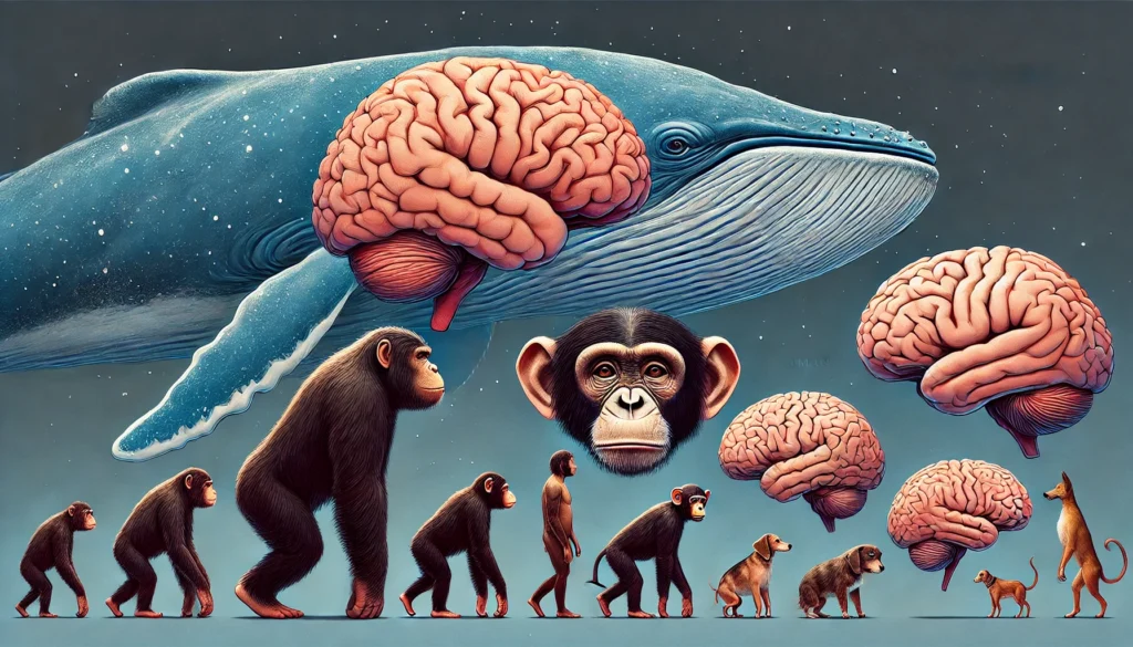 A scientific comparison of the human brain alongside various animal brains, including a whale, chimpanzee, and dog, showcasing differences in size and complexity.
