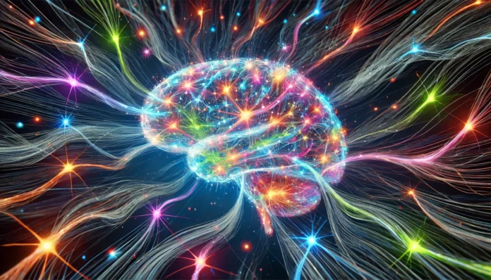 A dynamic visualization of neurons firing inside the brain, with vibrant electric impulses traveling through neural pathways, highlighting cognitive function.