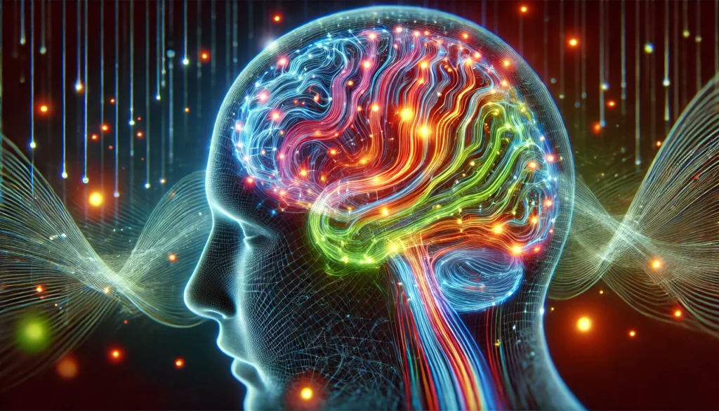 A futuristic medical scan of a human brain with glowing neural pathways, displaying brain activity in vibrant colors, symbolizing intelligence and cognition.