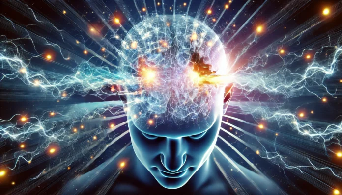 A dynamic visualization of a human brain illuminated by energy waves, symbolizing cognitive function and high mental activity. The brain is enveloped in electric-like currents, representing the continuous exchange of information and neural energy.