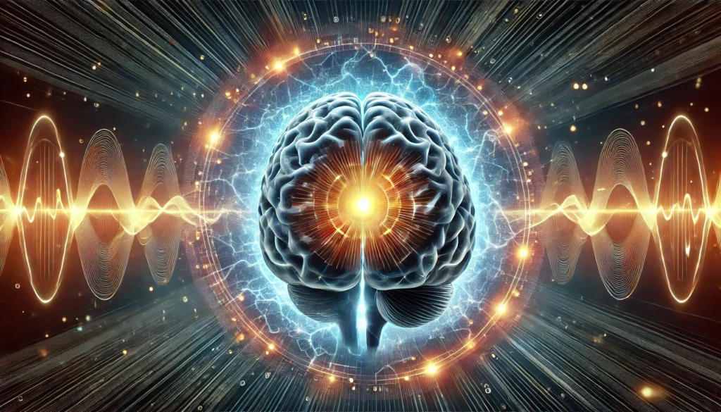 A futuristic depiction of a human brain with an energy core at its center, radiating electric pulses outward. The image represents the brain’s power needs and continuous cognitive function, with dynamic light waves illustrating neural activity.