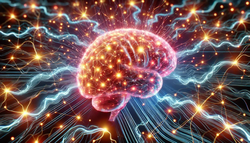 A futuristic 3D visualization of a brain composed of interconnected glowing neurons, symbolizing the immense energy consumption required for cognitive function. The image features vibrant neural pathways with electricity-like pulses illustrating brain power.