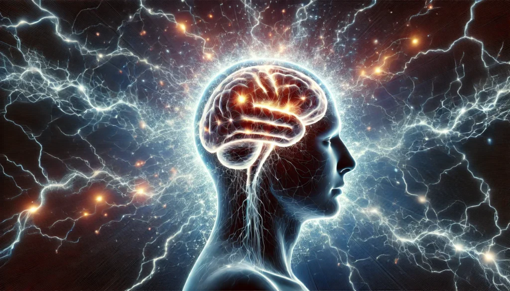 A digital rendering of a human brain made of pulsating light energy, surrounded by a glowing aura to symbolize intense cognitive activity and energy consumption. The background consists of abstract electric currents flowing through the brain.