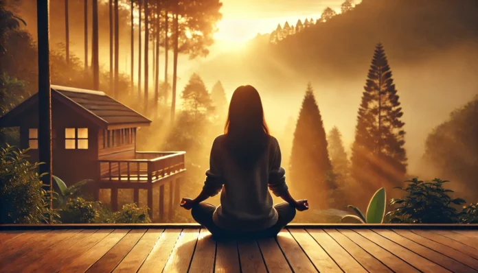 A serene individual meditating on a wooden deck at sunrise, overlooking a misty forest, bathed in golden light, symbolizing tranquility and mental clarity.