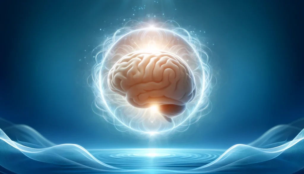 A glowing human brain surrounded by a soft aura of light, set against a peaceful blue gradient with subtle waves, representing enhanced neural activity and relaxation.