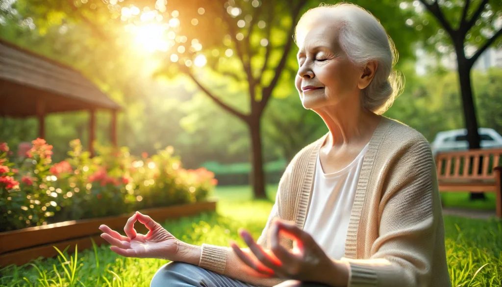 An elderly person meditating in a sunlit park, surrounded by lush greenery and flowers, illuminated by warm sunlight, symbolizing longevity and well-being.