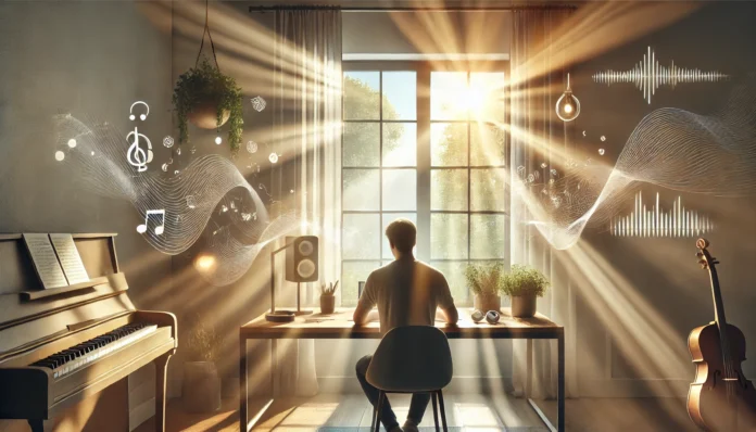 A modern home office with a person working at a desk bathed in soft natural light, surrounded by indoor plants and ambient lighting, suggesting a calming environment supported by background music.