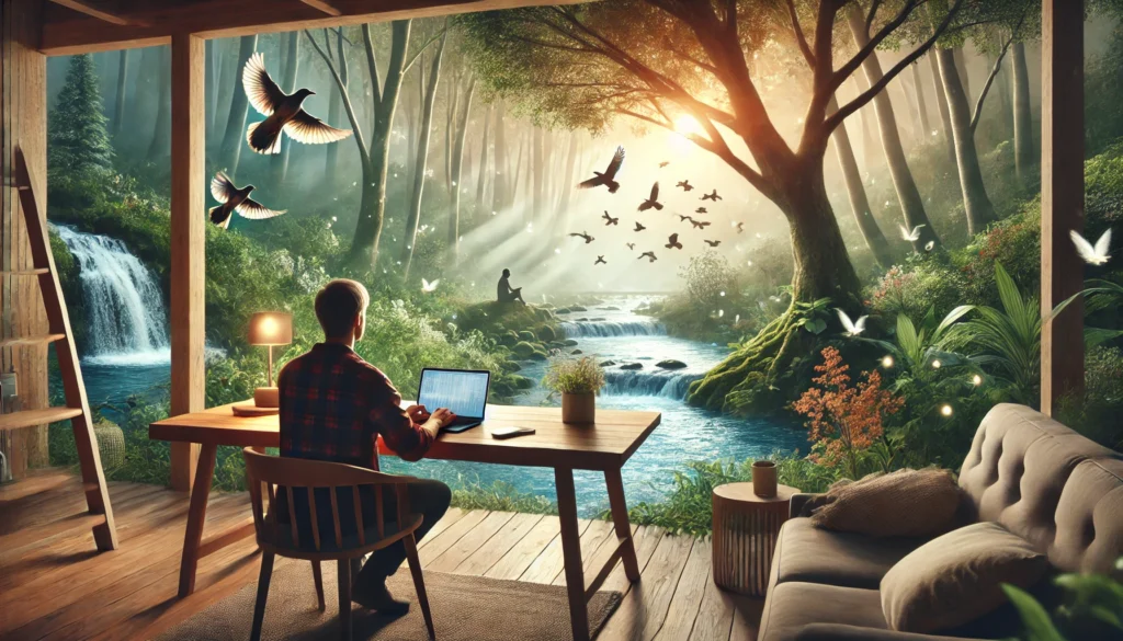 A person working on a laptop at a wooden desk in a tranquil forest retreat, surrounded by trees, water, and birds, visually representing nature-inspired focus music supporting cognitive health.