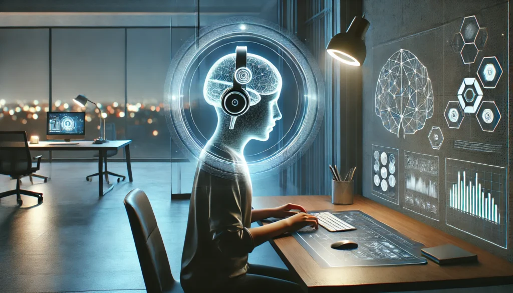 A futuristic workspace with holographic screens and a person wearing sleek headphones, highlighted by ambient lighting and a glowing aura symbolizing mental stimulation from focused music.