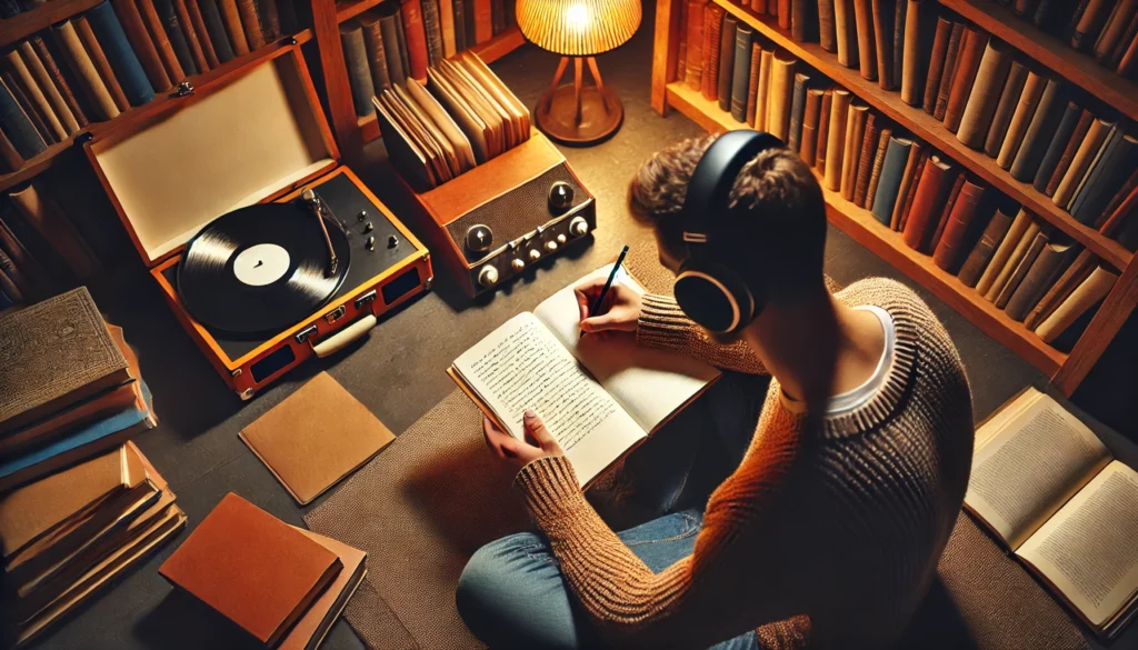 An overhead view of a person in a cozy library room, writing in a notebook while wearing noise-canceling headphones, with a record player and warm lighting emphasizing a peaceful, music-enhanced mental environment.