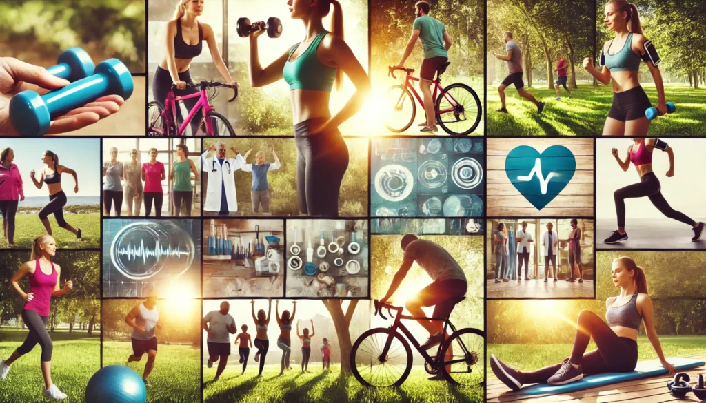 Diverse group of adults actively participating in jogging, cycling, yoga, and strength training in a sunny, green park, representing community fitness and lifelong wellness.