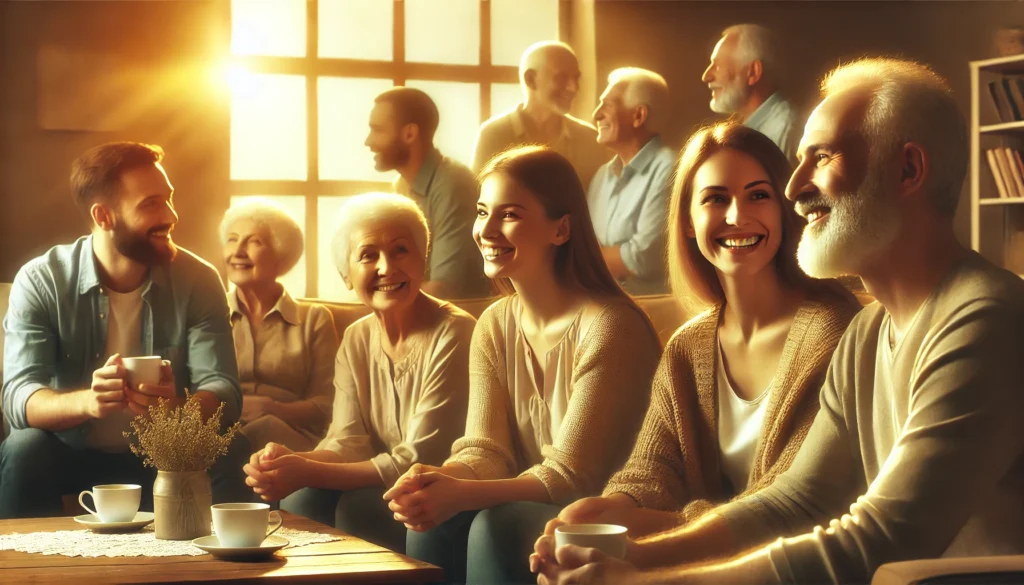 Warm, inviting indoor scene showing people of different ages happily interacting and enjoying meaningful conversations, representing emotional wellness through social connectivity for lifelong health.