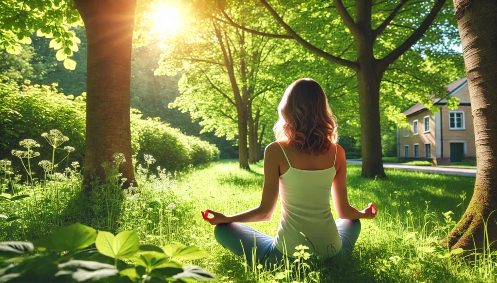 Peaceful, sunny outdoor scene of a woman meditating calmly amidst lush greenery, illustrating mindfulness practices for enhanced mental health and longevity.