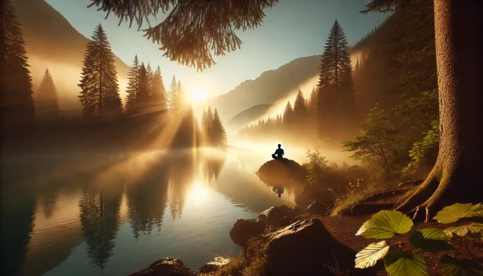 A serene mountain lake at sunrise with soft mist hovering above the water, pine trees surrounding the lake, and a person meditating on a rock, evoking mental clarity and calm.